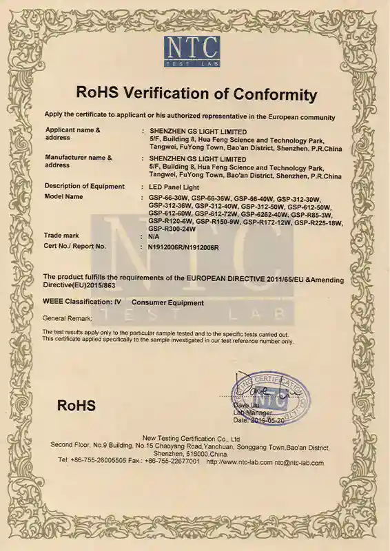 LED Panel light N1912006R RoHS certificate _00